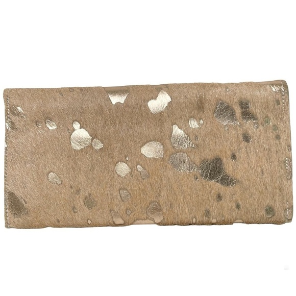 Genuine Fur-On Cowhide Metallic Gold Splatter Paint Handmade Artisan Clutch Boho - Picture 1 of 17